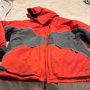 Red and Gray Hooded Snow Jacket